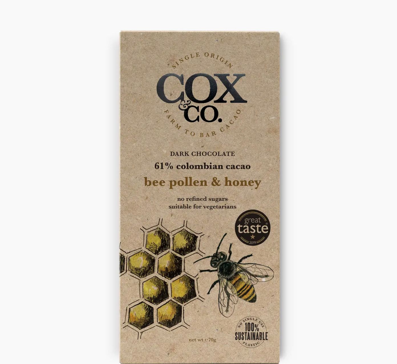 Cox &amp; Co Bee Pollen &amp; Honey 60% Dark Chocolate Bar