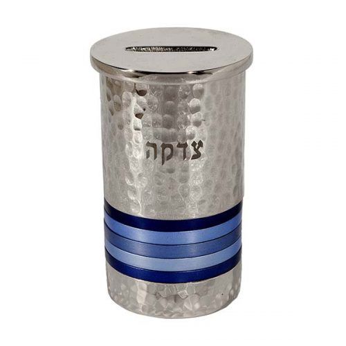 Emanuel Hammered Tzedakah Box Round-Blue Rings