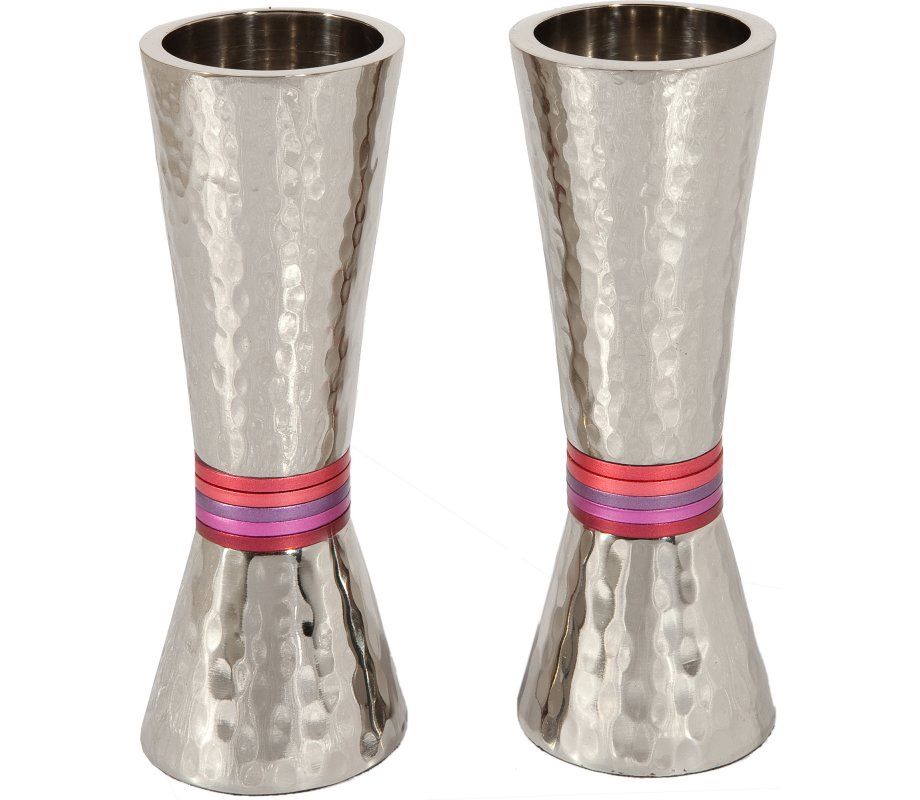 Hammered Silver Candlesticks with Colored Ring
