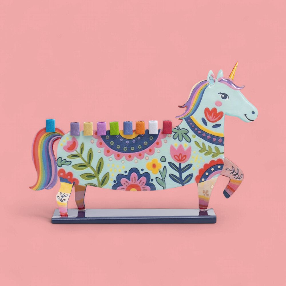 Handpainted Menorahs -cool cat, dino &amp; Unicorn