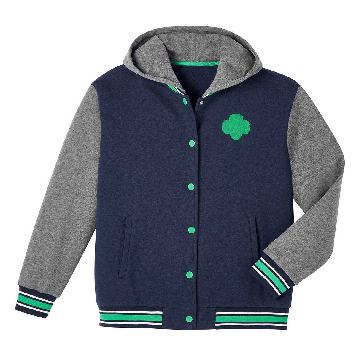 Varsity Hooded Sweatshirt Jacket, Navy/Gray - Women's