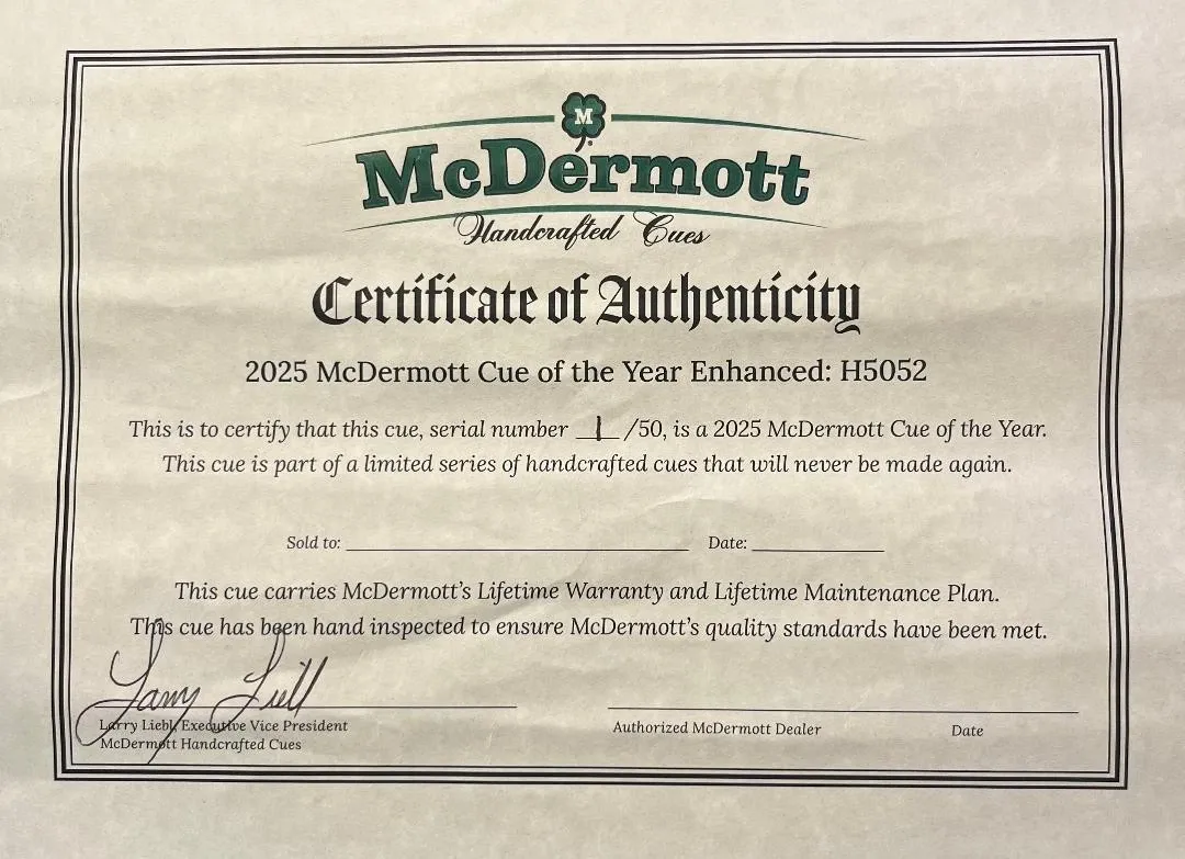 McDermott 2025 Pool Billiards CUE OF THE YEAR Enhanced H5052 #1/50 ONE OF FIFTY!