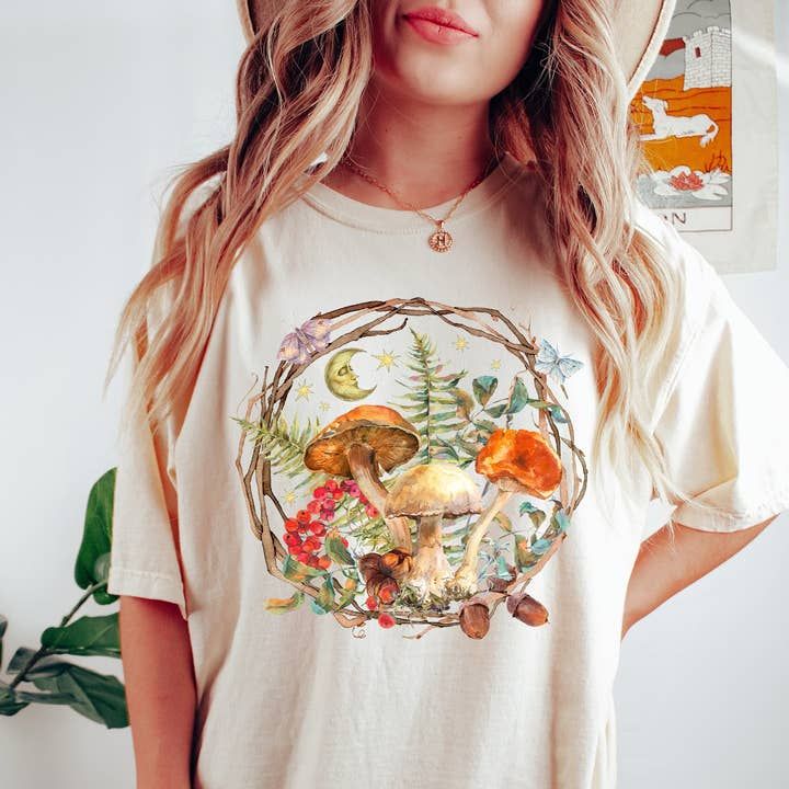 Mushrooms in a Bush Celestial Tee Shirt - Dark Grey