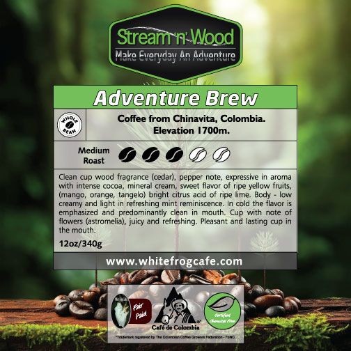Stream N Wood Adventure Brew Coffee, Medium Roast,  Whole Bean - 340G Bag (By White Frog Cafe)