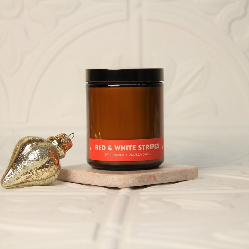Charleston & Harlow Holiday Red & White Stripes Soy Wax Candle -Peppermint Vanilla