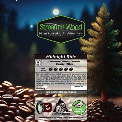 Stream N Wood Midnight Ride Coffee, Dark Roast,  Whole Bean - 340G Bag (By White Frog Cafe)