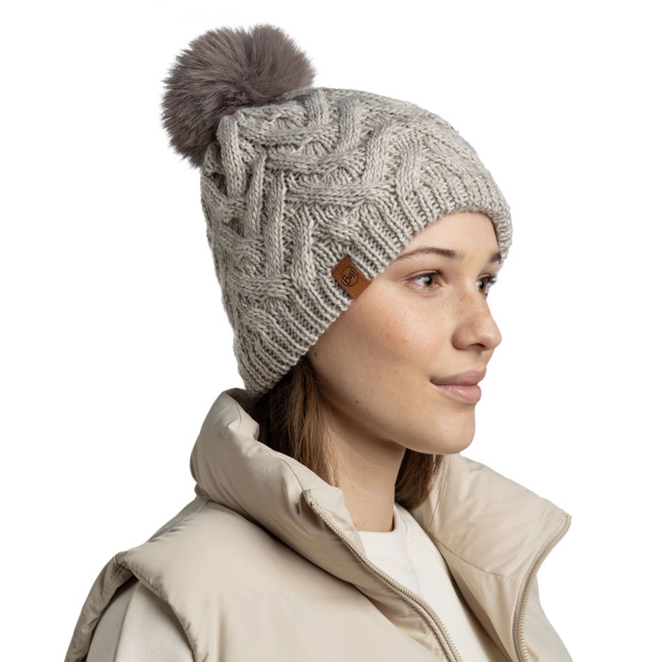 Buff Knitted & Fleece Band Beanie Caryn Ecru