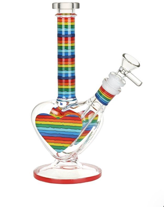 Rainbow Striped Heart Glass Water Pipe | 8.5" | 14mm F