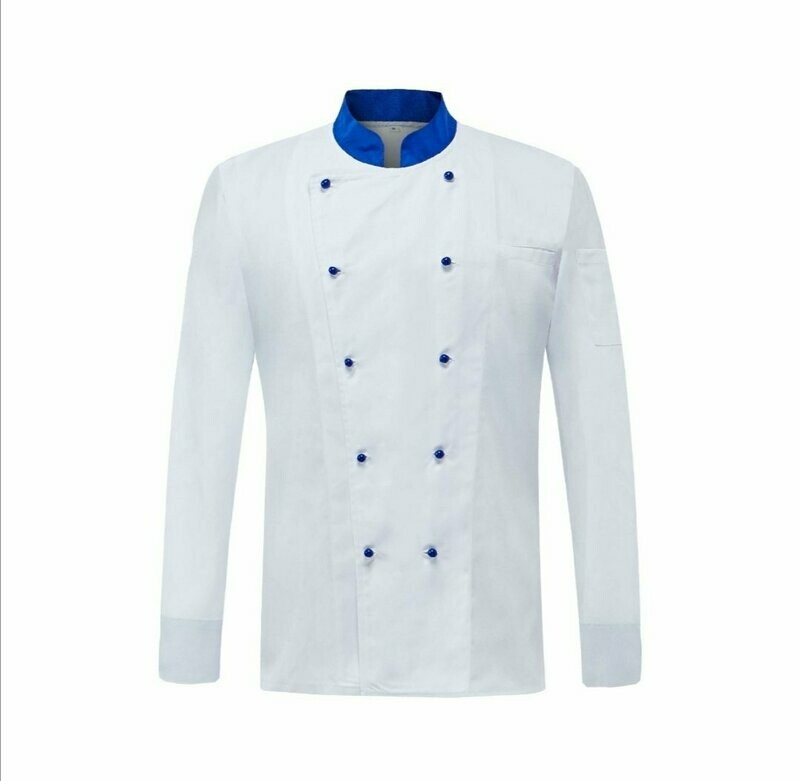GIACCA CUOCO MILANO MANICA LUNGA BIANCA CON COLLETTO BLU GIACCA CUOCO MILANO MANICA LUNGA BIANCA CON COLLETTO BLU
