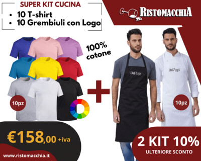 promozione 10 t-shirt e 10 grembiuli con pettorina personalizzati per cucina e sala