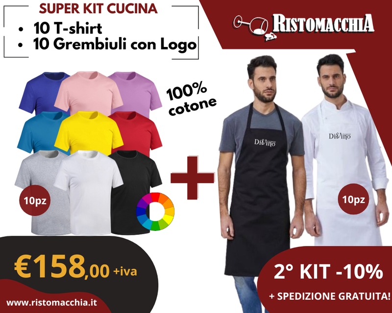 10 T-shirt + 10 Grembiuli cucina personalizzati Kit 10 T-shirt personalizzate + 10 Grembiuli