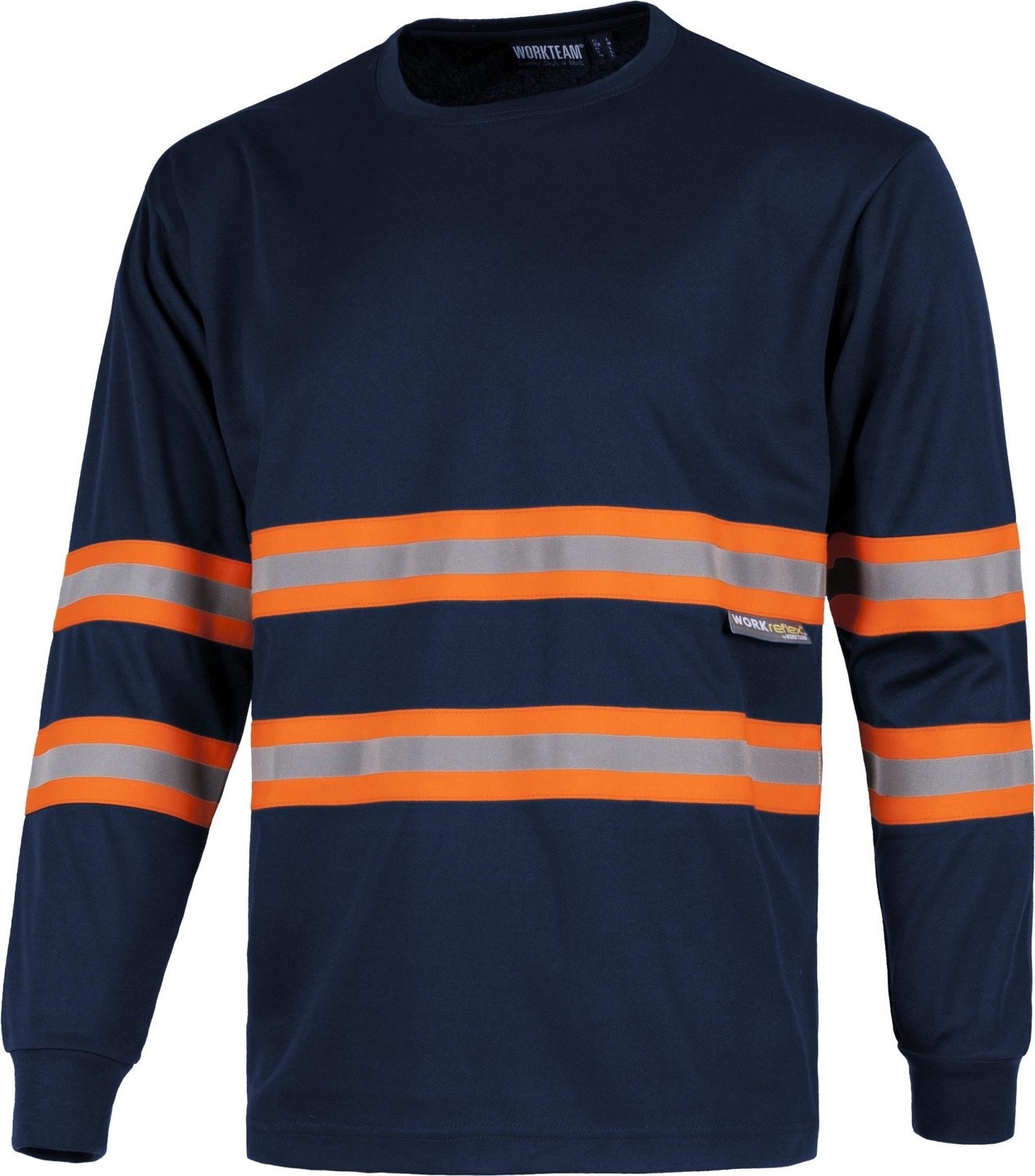 T-SHIRT MANICA LUNGA ALTA VISIBILITA' WORKTEAM, Colore: Navy / Strisce arancione Fluo