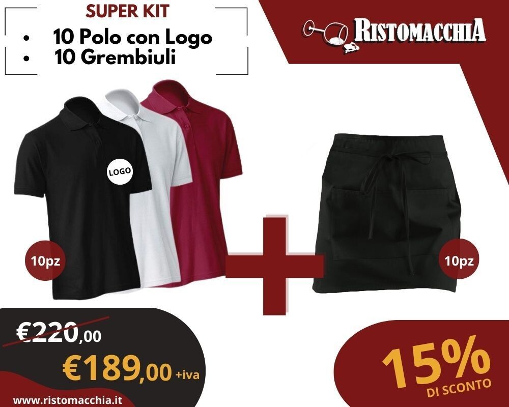 KIT 10 POLO CON LOGO + 10 GREMBIULI CORTI CAPRI