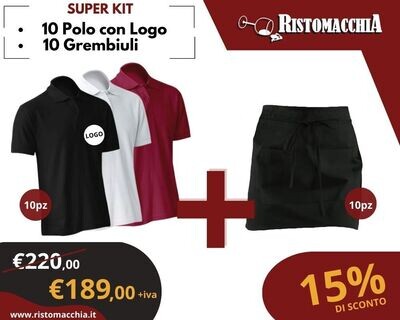 KIT 10 POLO CON LOGO  + 10 GREMBIULI CORTI CAPRI