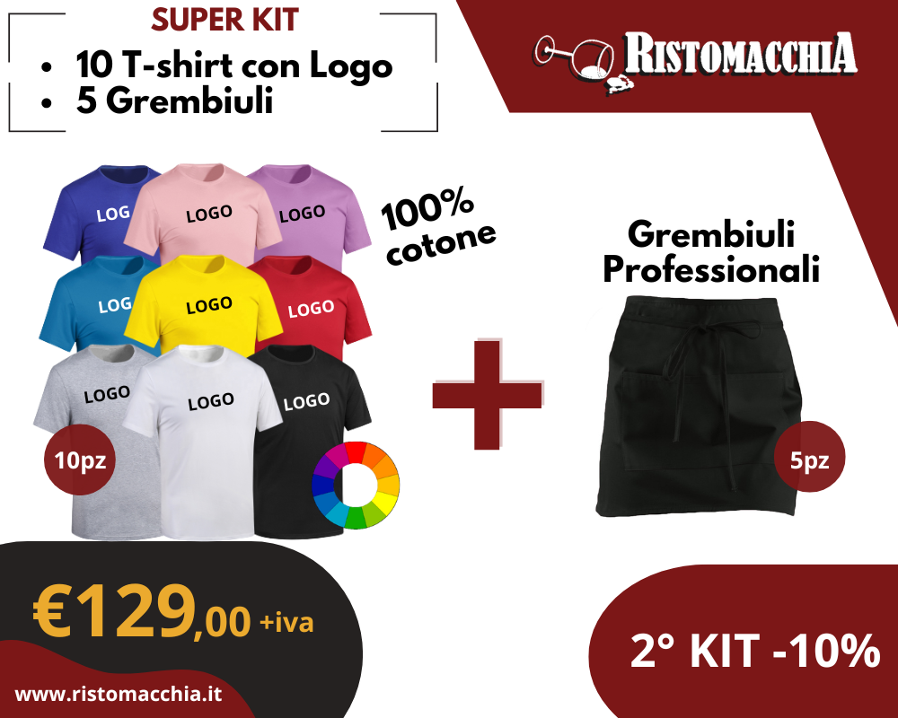 KIT 10 T-SHIRT CON LOGO + 5 GREMBIULI CORTI CAPRI