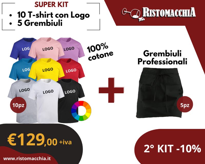 KIT 10 T-SHIRT CON LOGO + 5 GREMBIULI CORTI CAPRI
