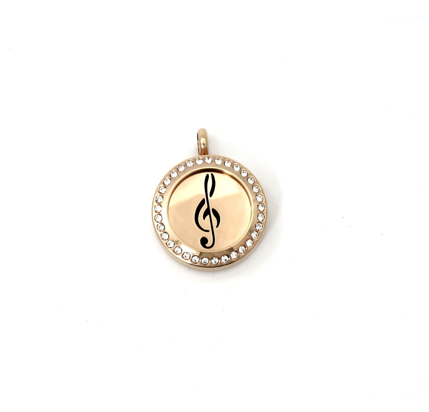 Round Treble Clef Twist Locket Necklace w/Crystals and SS Chain - *Interchangeable*