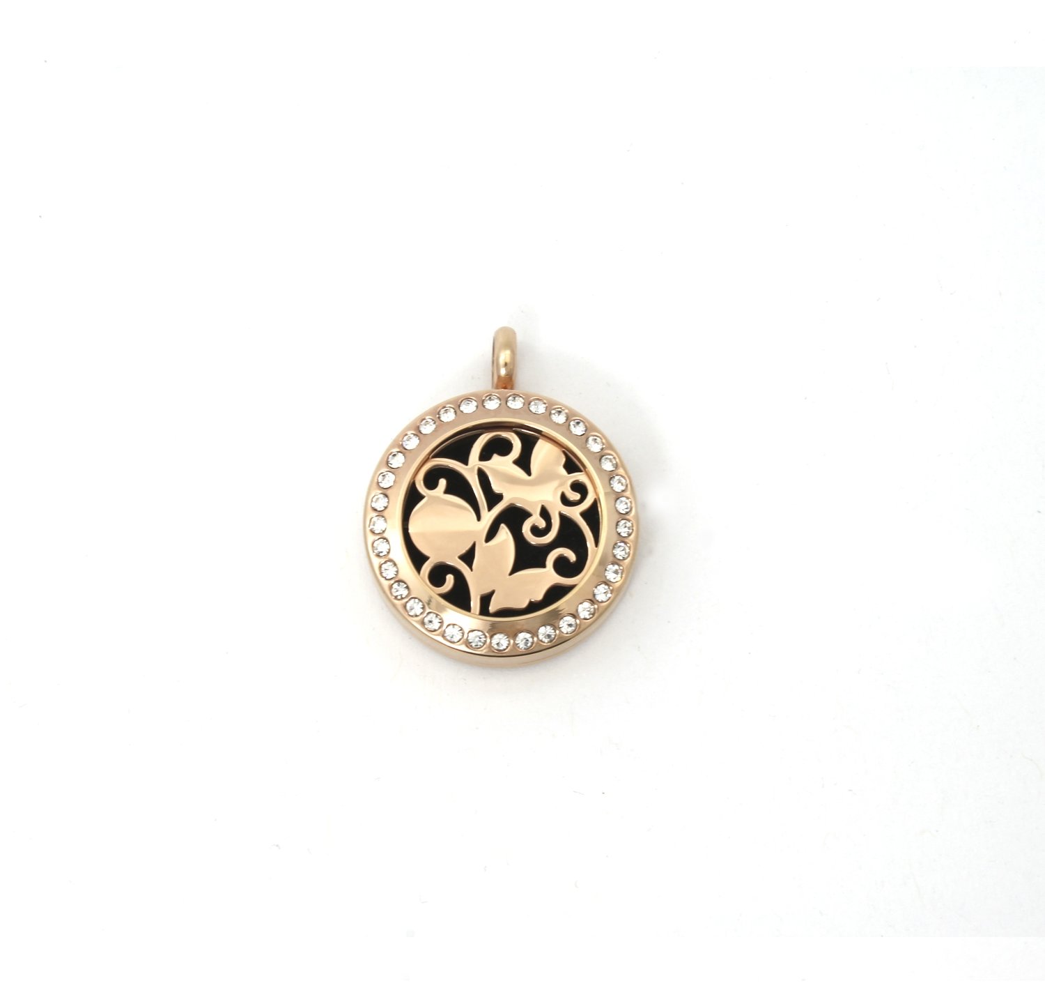 Butterflies Twist Locket Necklace w/Crystals in Rose Gold over Stainless Steel - *Interchangeable*
