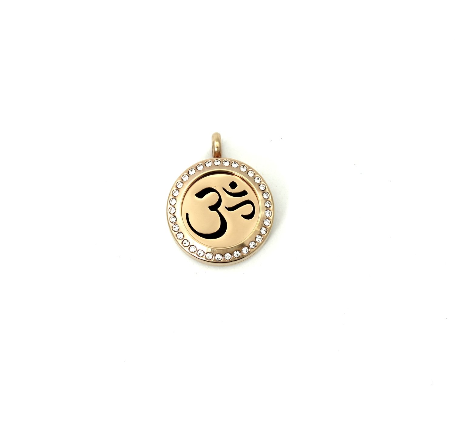 "OM" design Twist Locket Necklace w/Crystals in Rose Gold over Stainless Steel - *Interchangeable*