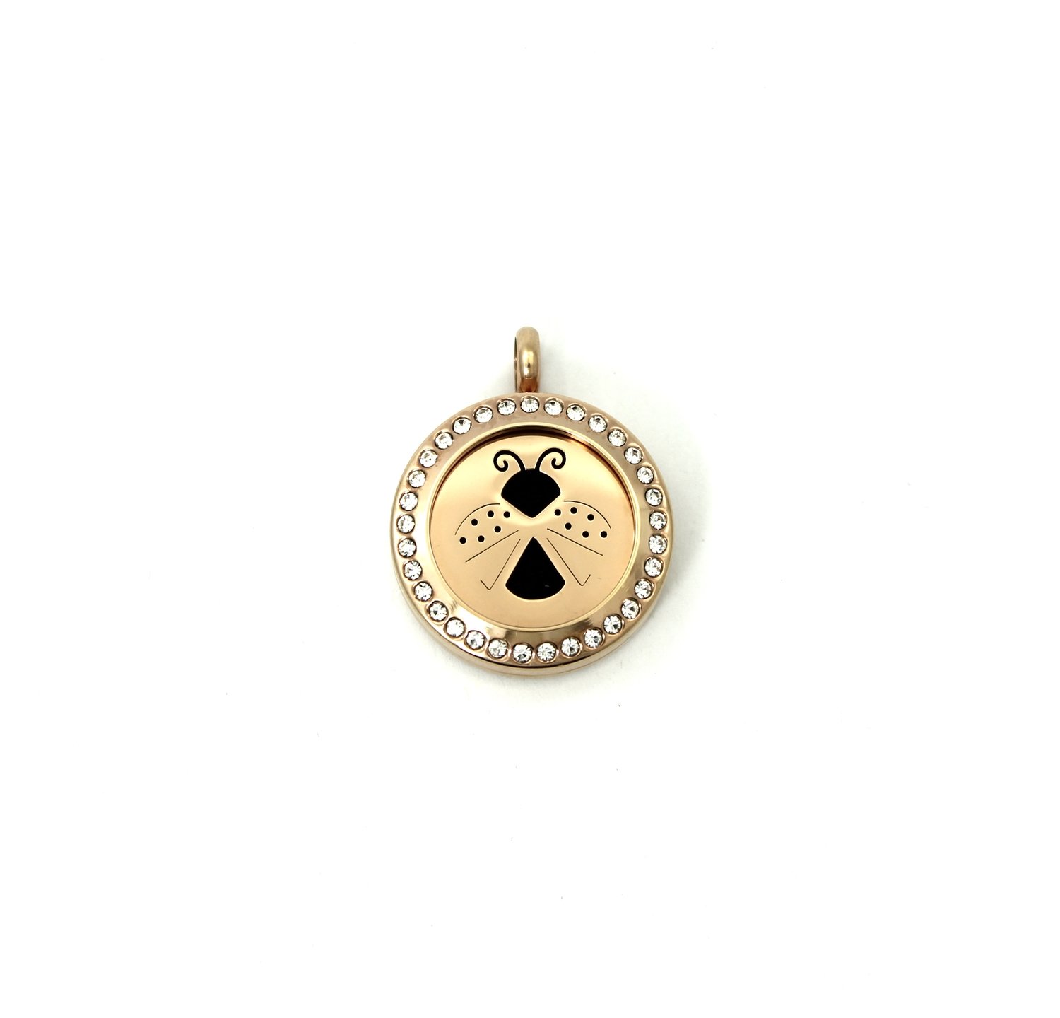 Lady Bug Twist Locket Necklace w/Crystals in Rose Gold over Stainless Steel - *Interchangeable*