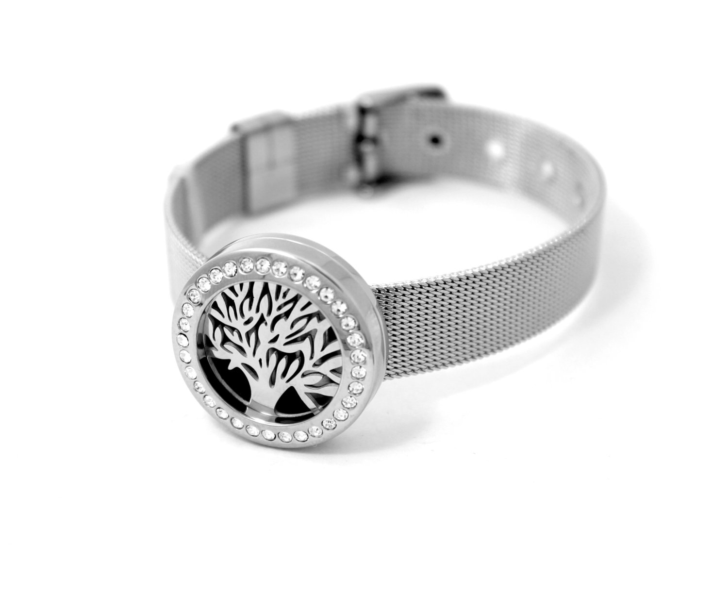 Tree Of Life Locket with Crystals Bracelet w/Stainless Steel Band - Interchangeable