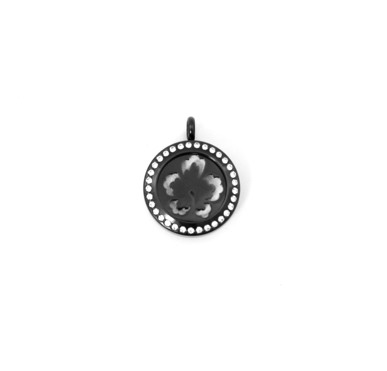 Hibiscus Twist Locket Necklace w/Crystals in Black over Stainless Steel- *Interchangeable*