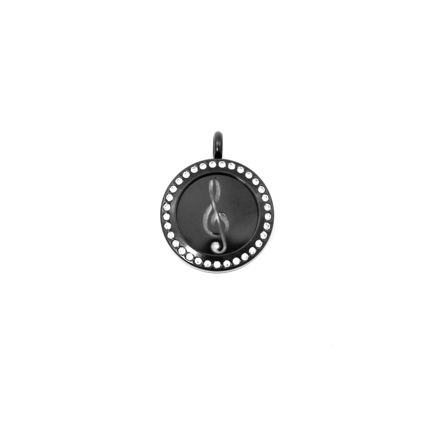 Treble Clef Twist Locket Necklace w/Crystals in Black over Stainless Steel - *Interchangeable*