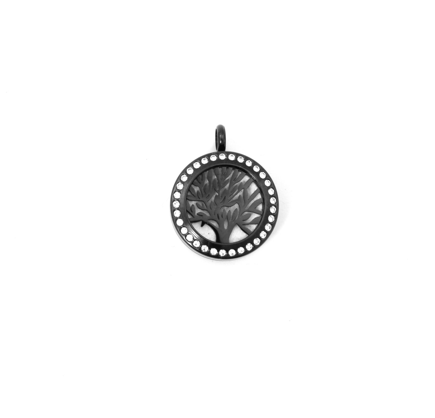 Tree of Life Twist Locket Necklace w/Crystals in Black over Stainless Steel - *Interchangeable*