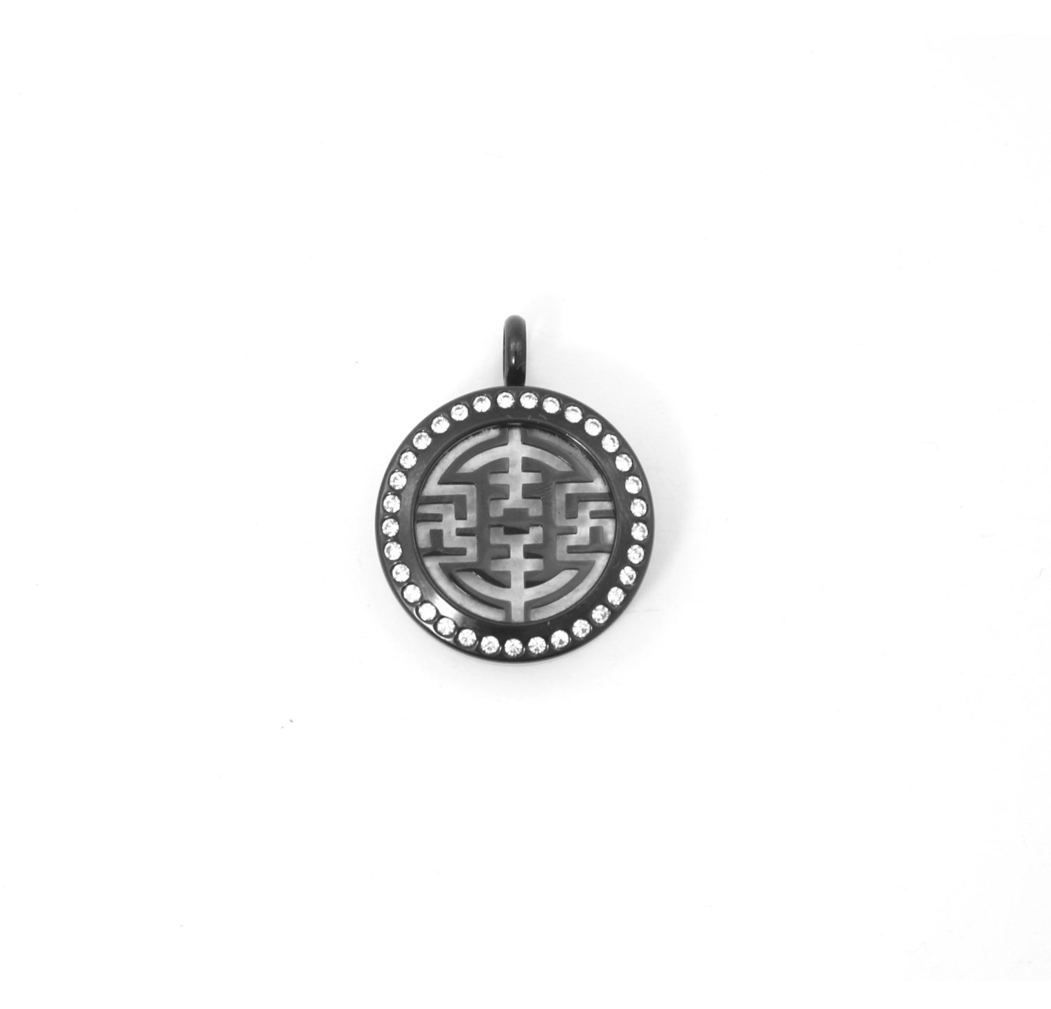 Geometric Maze Twist Locket Necklace w/Crystals in Black over Stainless Steel- *Interchangeable*