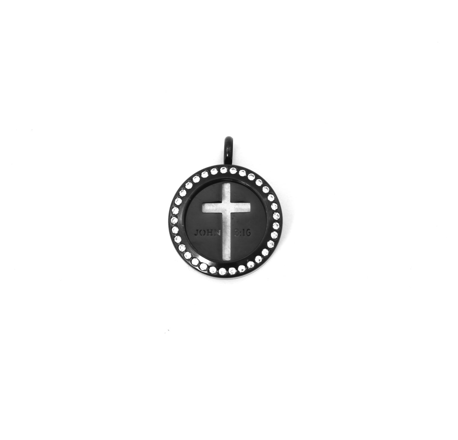 Cross - John 3:16 Twist Locket Necklace w/Crystals in Black over Stainless Steel - *Interchangeable*