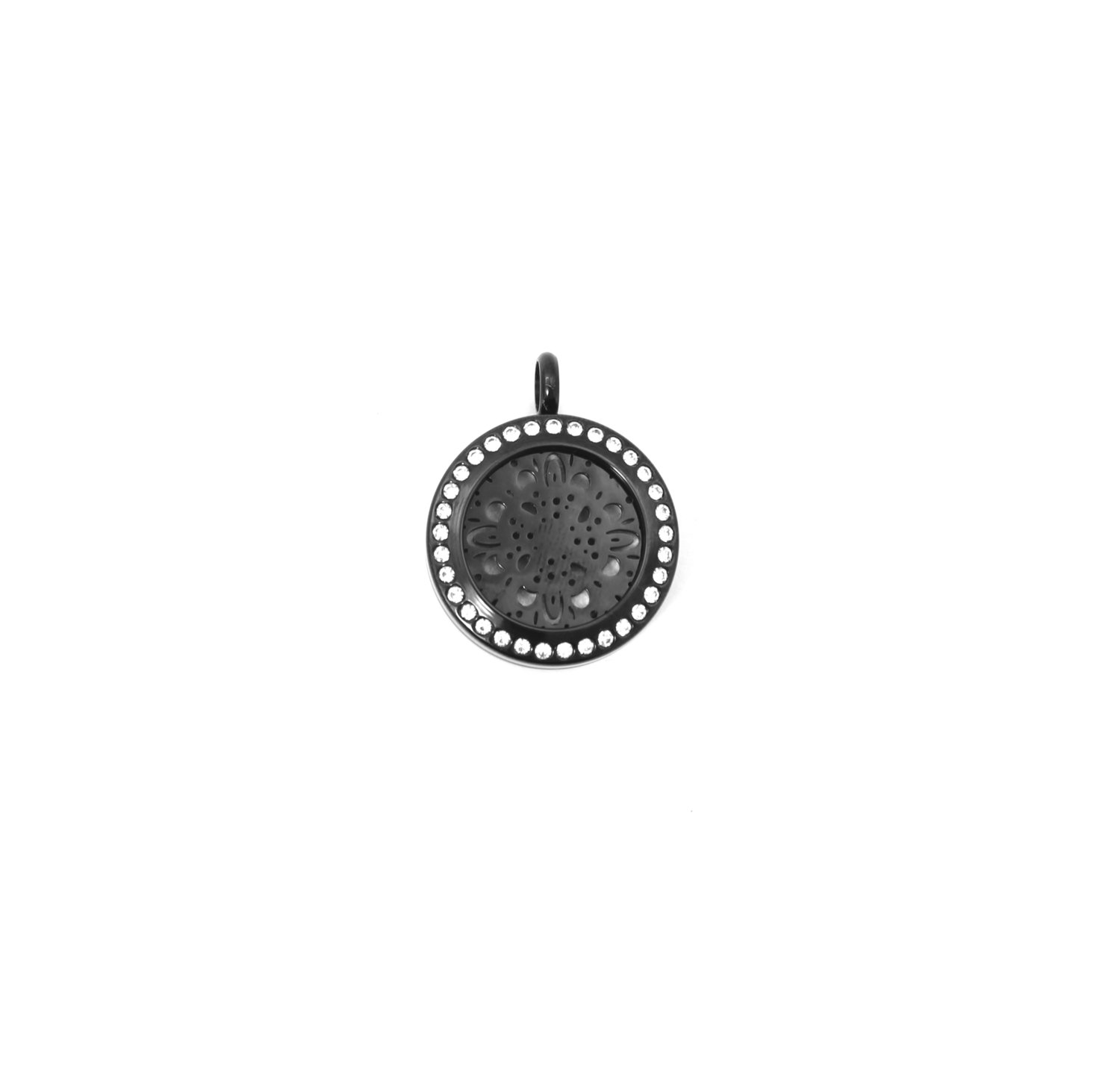 Starburst Mandala Twist Locket Necklace w/Crystals in Black over Stainless Steel- *Interchangeable*
