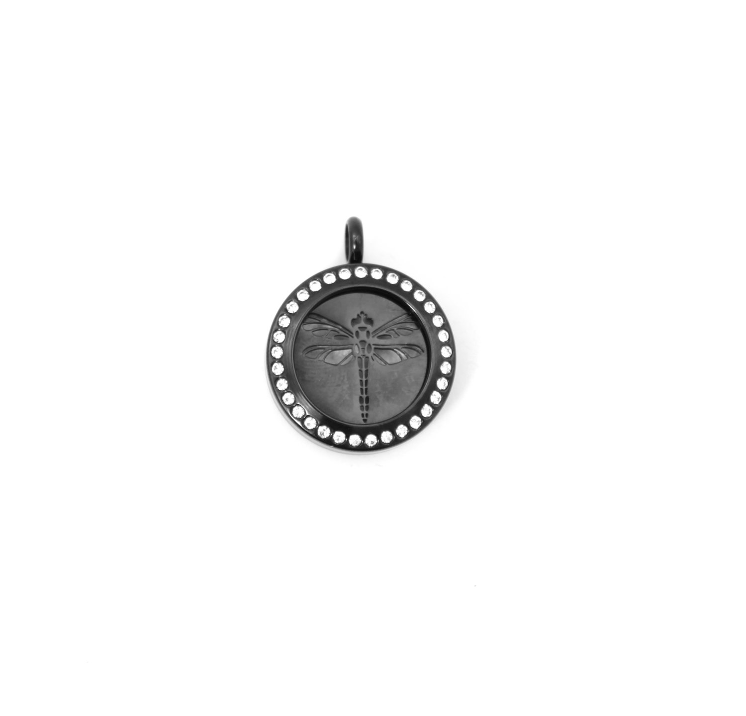 Dragonfly Twist Locket Necklace w/Crystals in Black over Stainless Steel- *Interchangeable*
