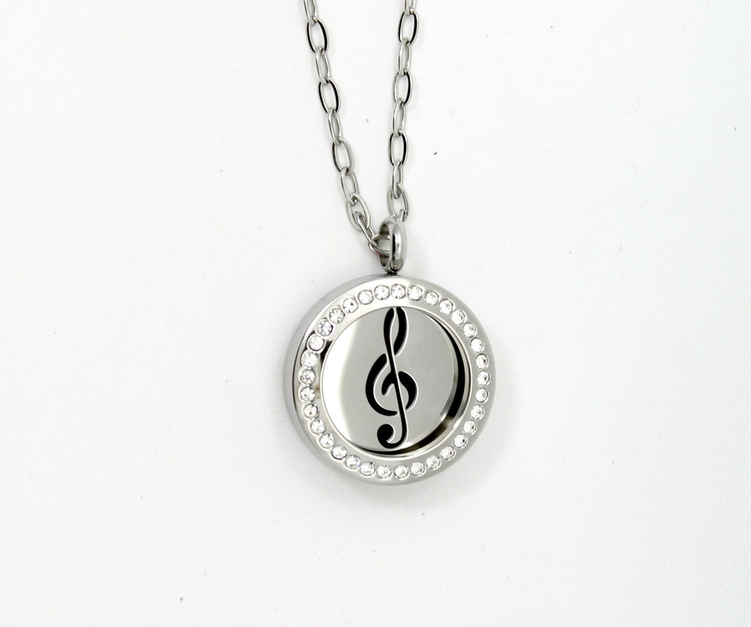 Round Treble Clef Twist Locket Necklace w/Crystals and SS Chain - *Interchangeable*