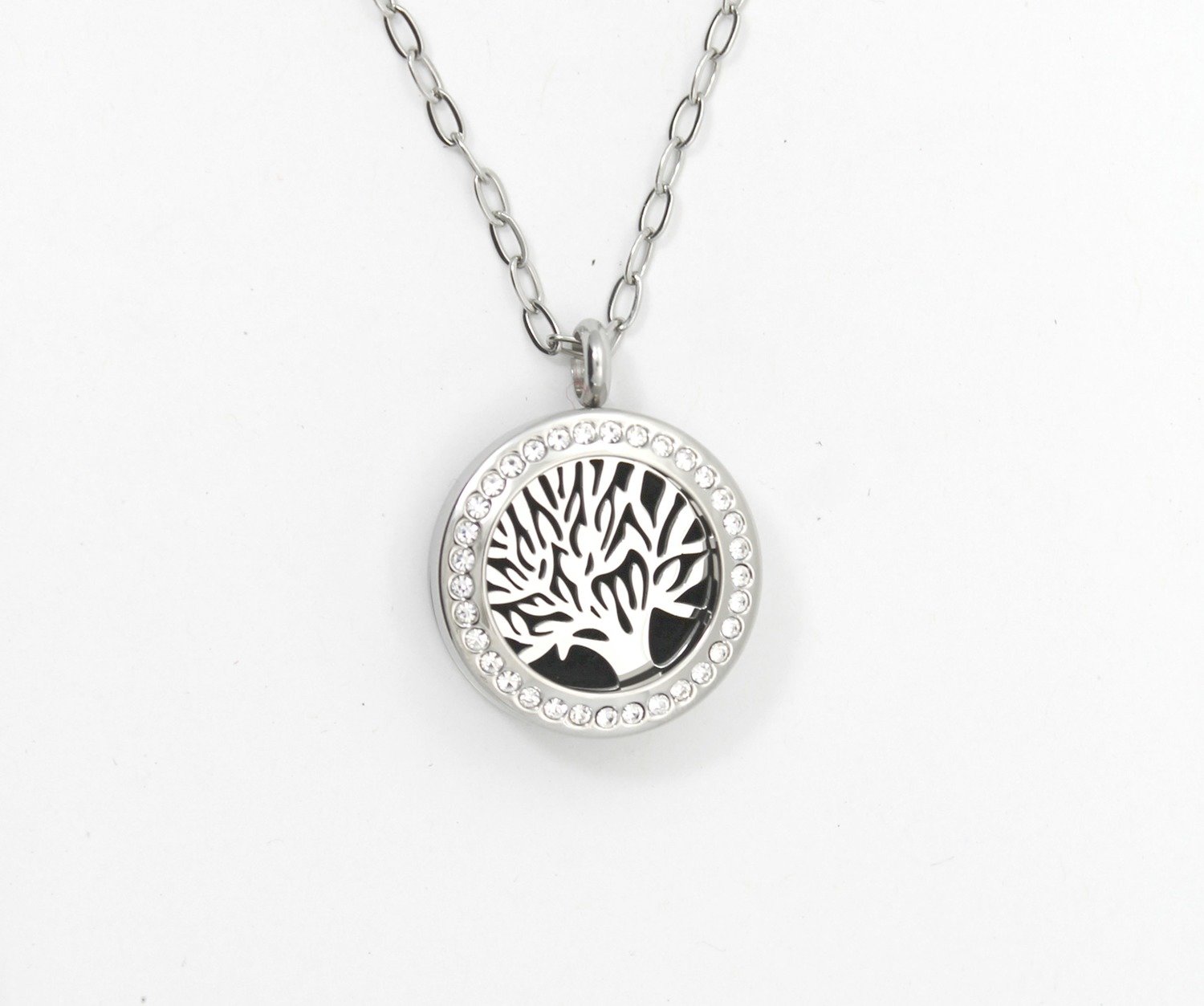 Round Tree of Life Twist Locket Necklace w/Crystals and SS Chain - *Interchangeable*
