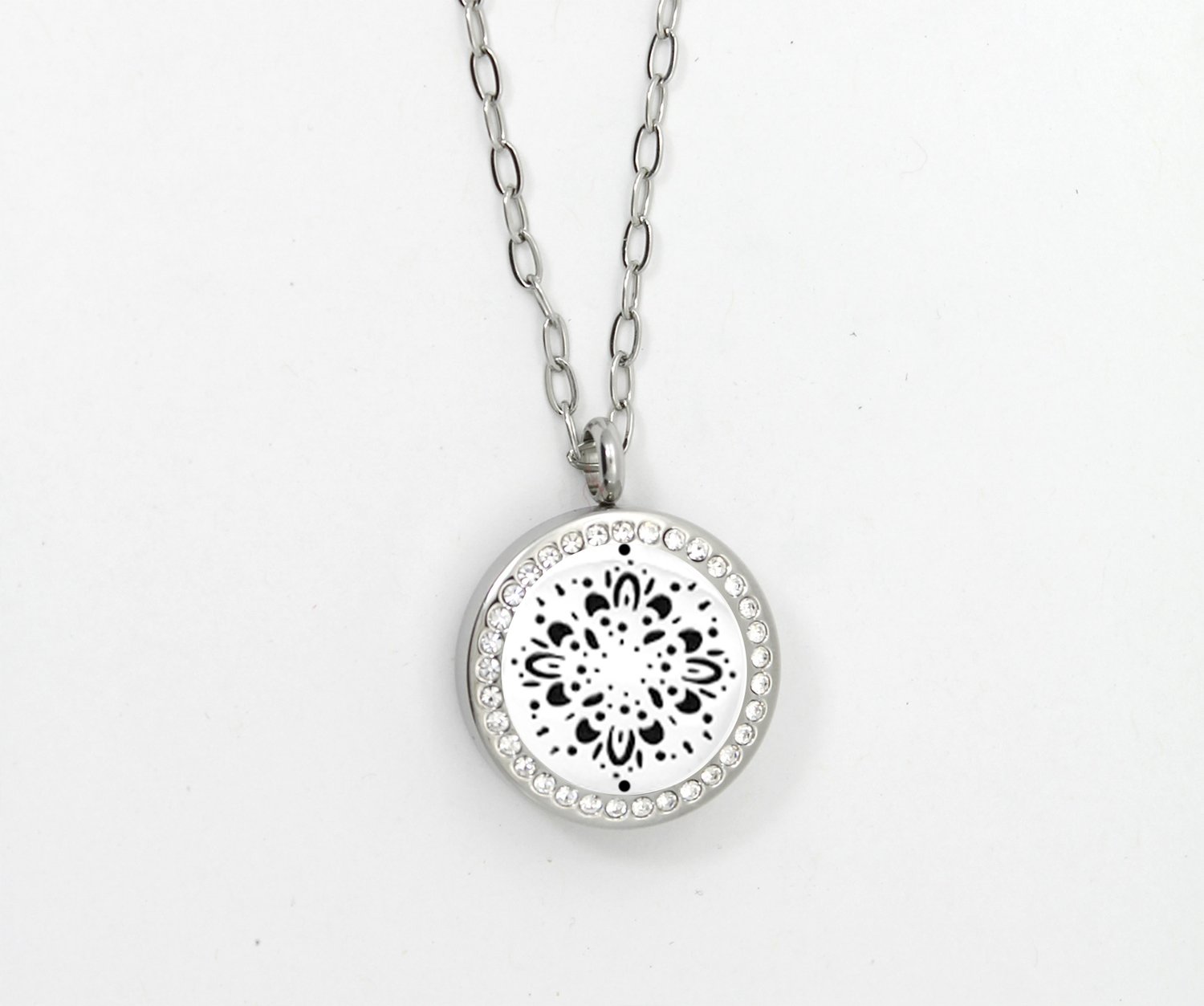 Round Starburst Mandala Twist Locket Necklace w/Crystals and SS Chain - *Interchangeable*