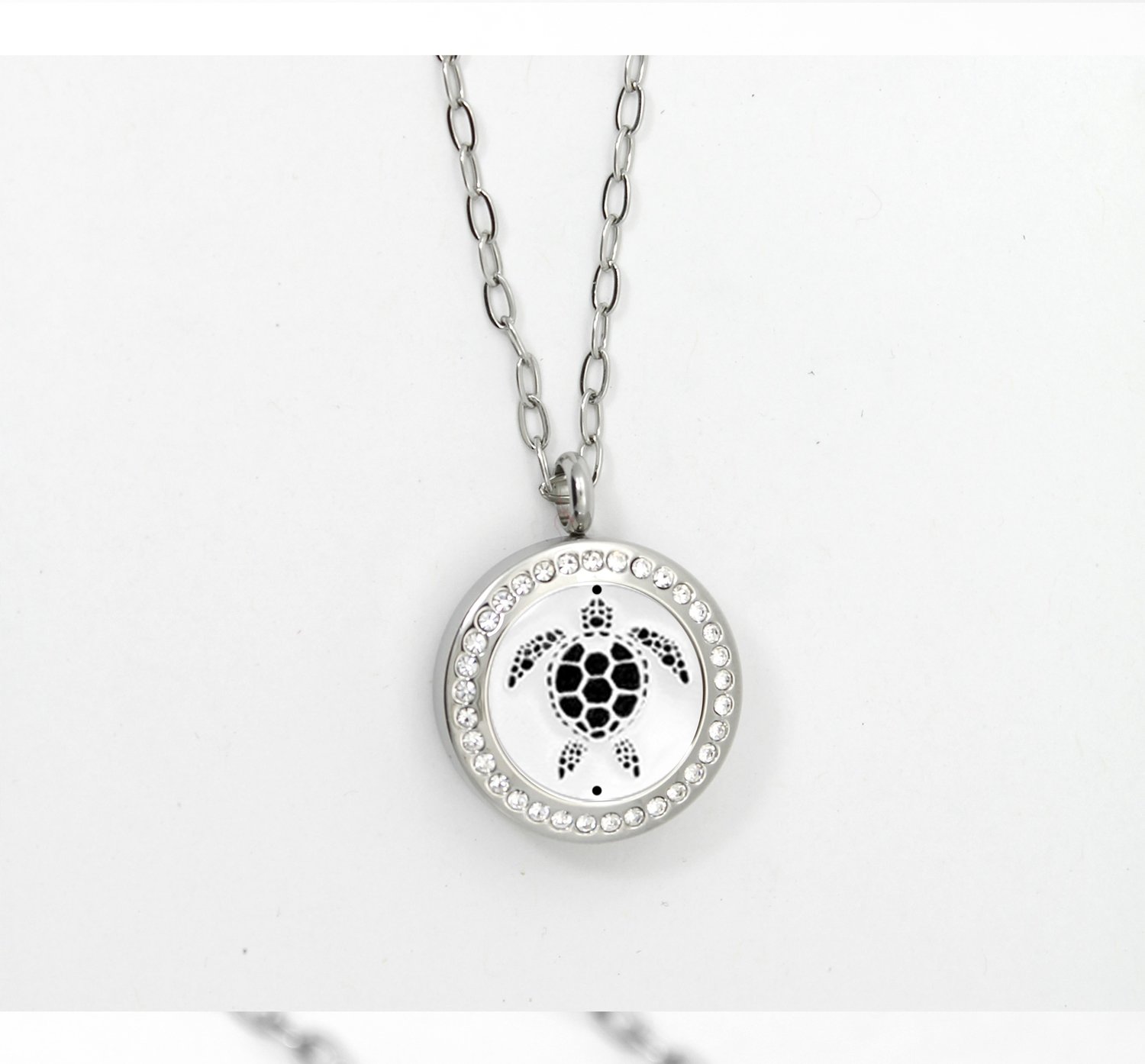 Round Sea Turtle Twist Locket Necklace w/Crystals and SS Chain - *Interchangeable*