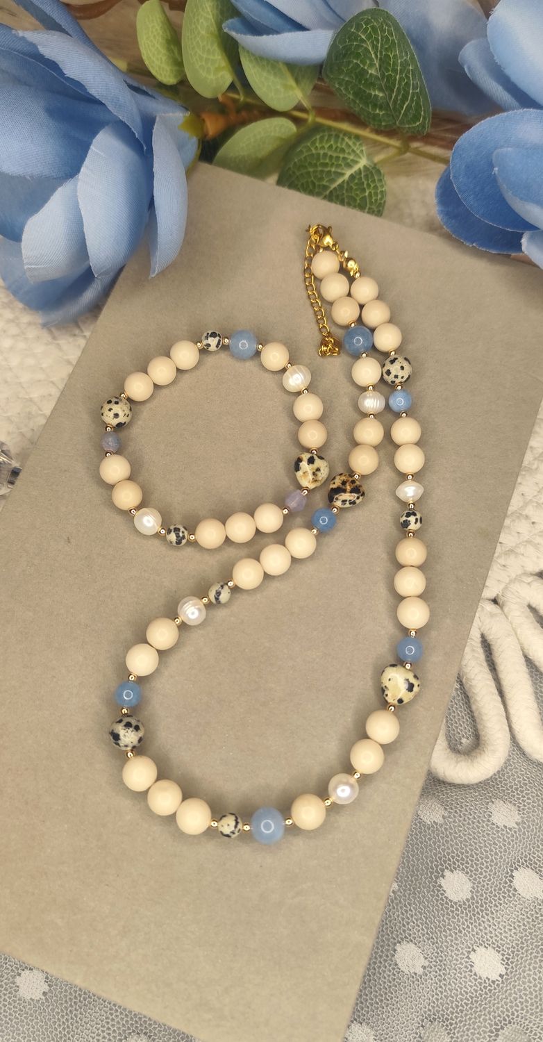Zestaw naszyjnik i bransoletka akwamaryn, perła, jaspis, kamień rzeczny