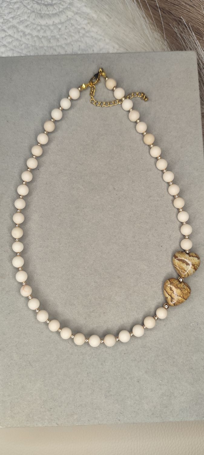 NASZYJNIK Z KAMIENIEM RZECZNYM I  SERCAMI Z JASPISEM OBRAZKOWYM