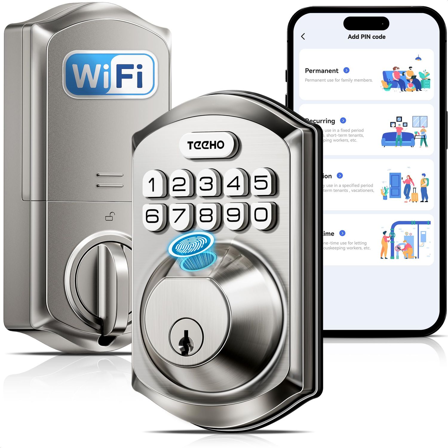 TEEHO TEW WiFi Smart Lock, Fingerprint Door Lock with Built-in Wi-Fi, Keyless Entry Keypad Deadbolt, App Remote Control