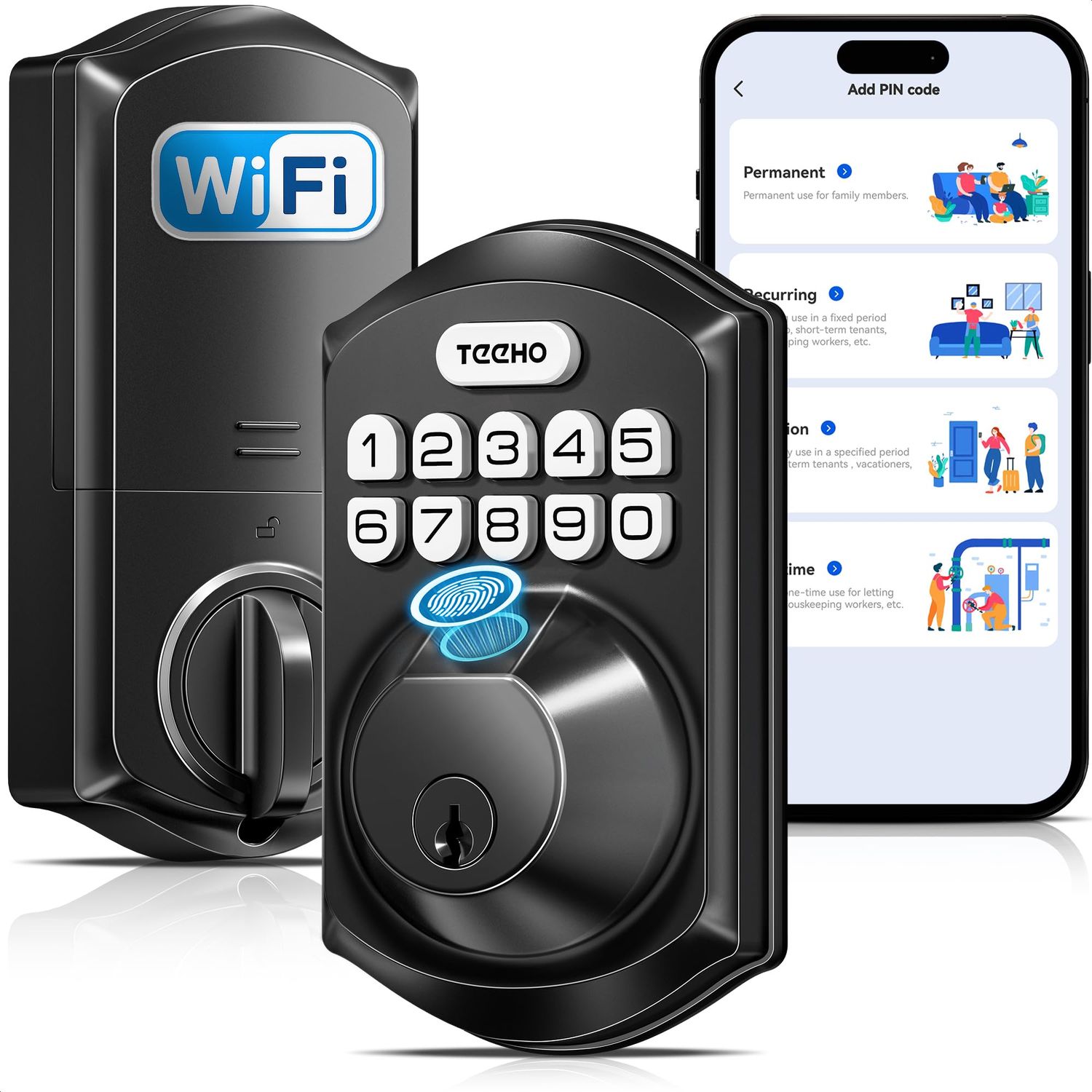 TEEHO TEW WiFi Smart Lock, Fingerprint Door Lock with Built-in Wi-Fi, Keyless Entry Keypad Deadbolt, App Remote Control
