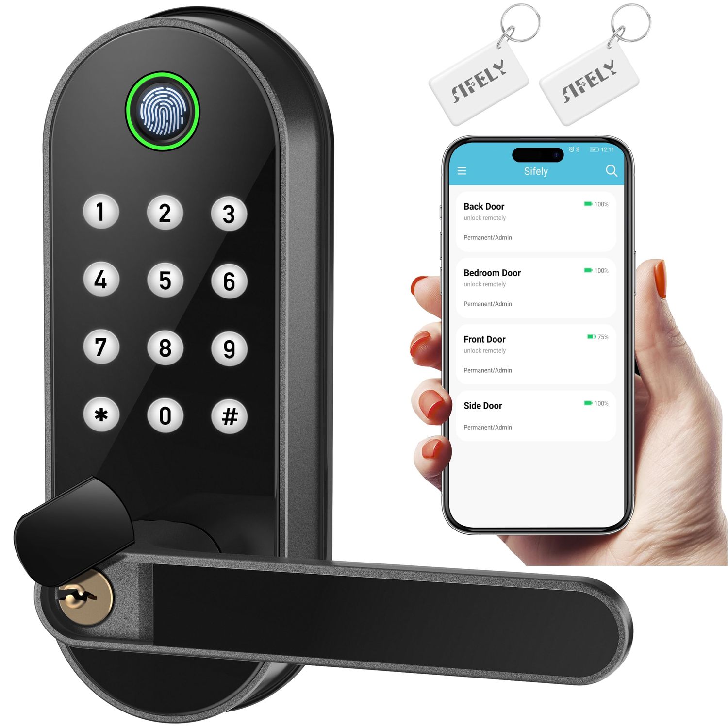 Fingerprint Smart Door Lock with Handle &amp; Keypad – Bluetooth Keyless Entry for Front Door, Home, Kids, Guests
