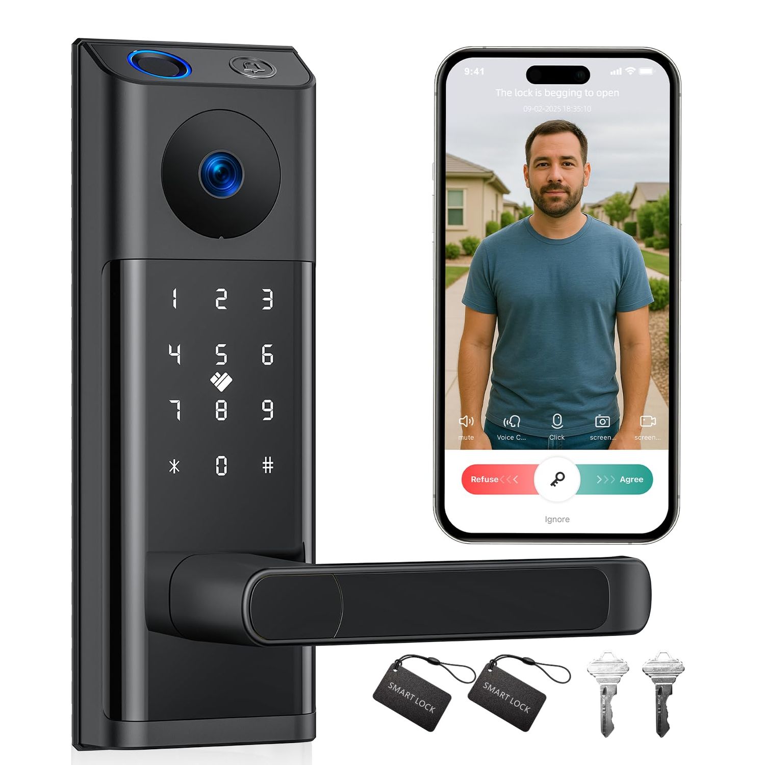 CAMCAMP WiFi Video Smart Lock with Camera &amp; Doorbell, Keyless Entry Door with Handle for Front Door, Five Ways to Unlock Fingerprint, App