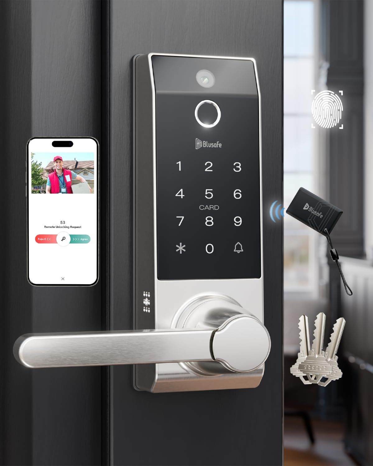 Smart Lock Doorbell Fingerprint Door Deadbolt for Homeowners or Parents with Camera and Handle for Renters, Keyless Entry