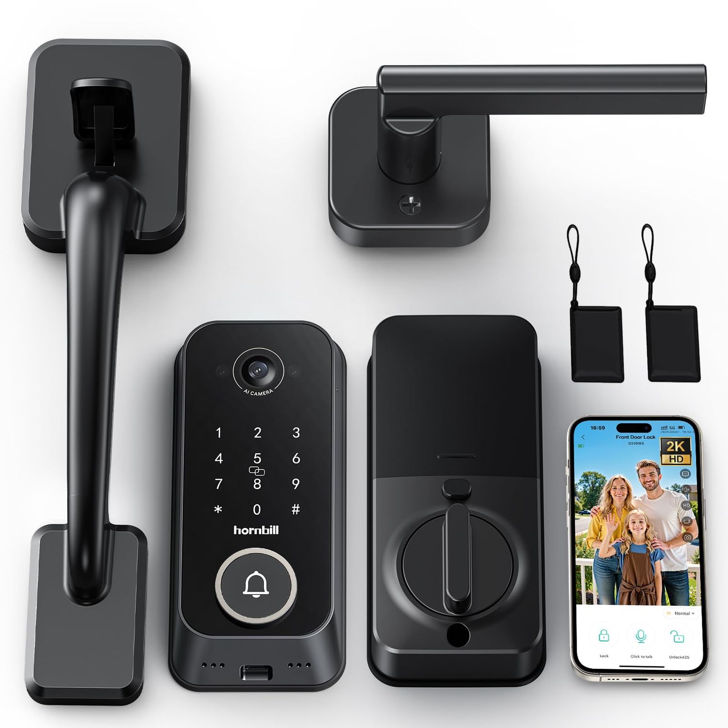 Smart Front Door Lock Sets: 2K HD Camera with Doorbell Kits, Hornbill Fingerprint Keyless Entry with Handles, WiFi Deadbolt(only 2.4