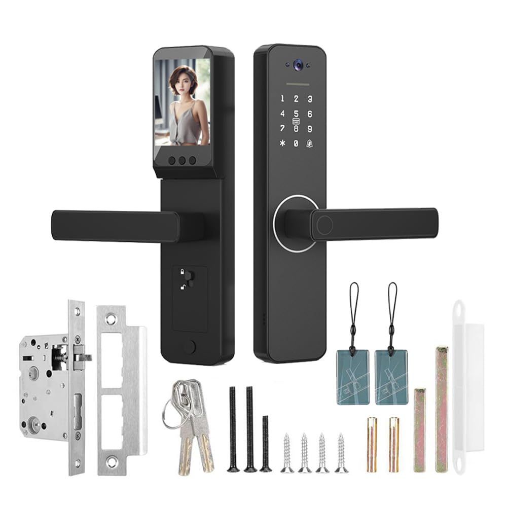 Smart Lock with ° Wide-Angle Camera and Doorbell Keyless Entry Door Handle Aluminum Alloy Biometric TY App Remote Operation