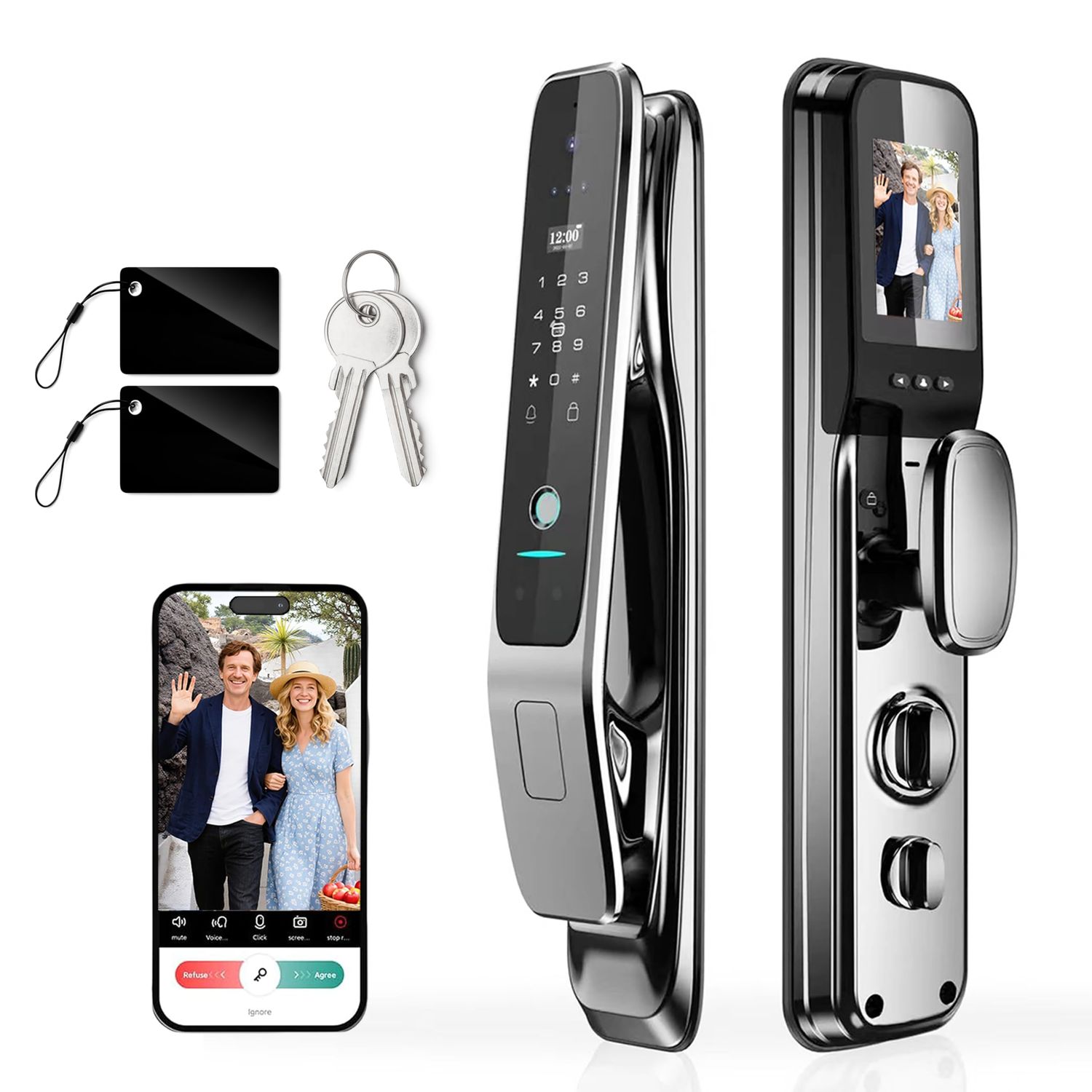 Smart Lock With Camera &amp; Handle, 3D Face Recognition Palm Vein Keyless Entry Door Lock, 8-in-1 Biometric Deadbolt with 4" HD Indoor Screen, Video