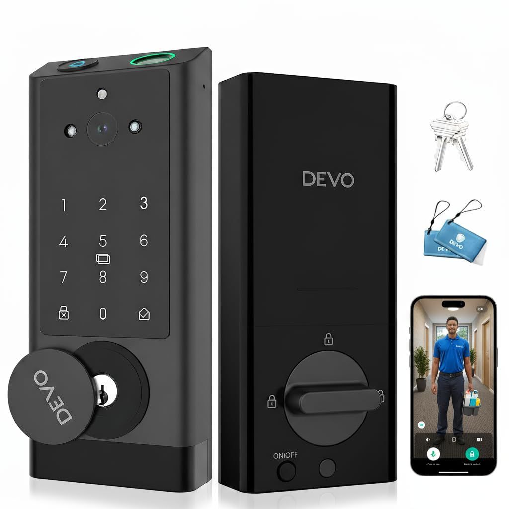 DEVO G1 Video Smart Lock with Camera &amp; Doorbell, 6-in-1 Keyless Entry Door with Fingerprint, App Remote, Auto Locks