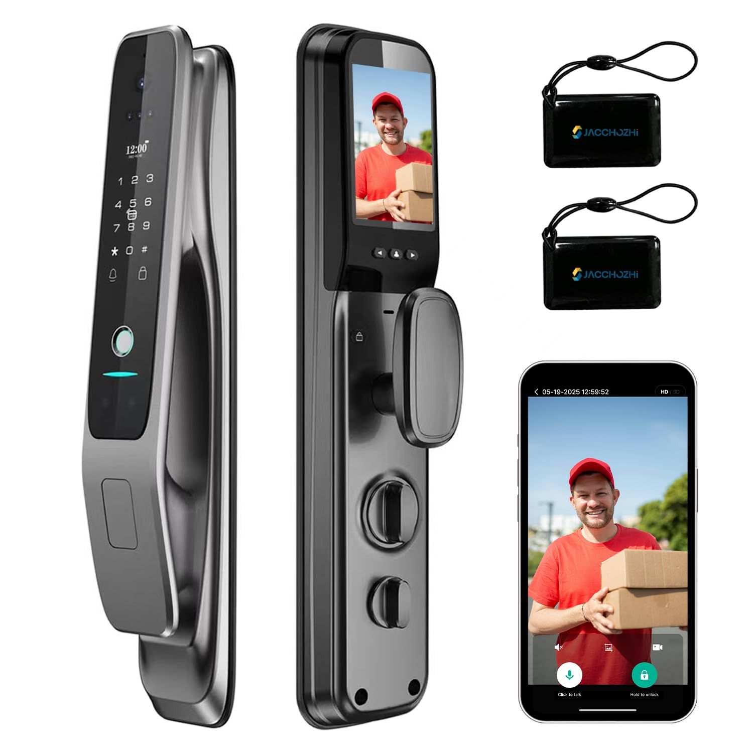 3D Face Recognition Video Smart Lock with Camera, Keyless Entry Fingerprint Mortise for Front Door, Built-in WiFi, Doorbell
