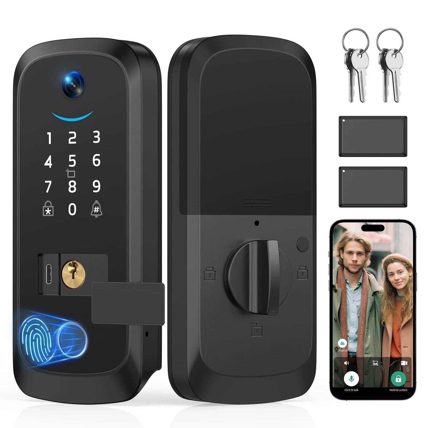 Video Smart Lock with Camera, Built-in Rechargeable Lithium Battery Entry Keyless Door Lock, App Control, Fingerprint ID