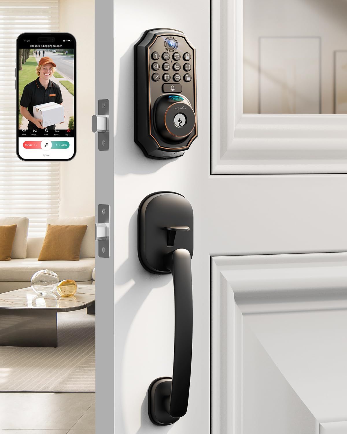 Keyless Entry Deadbolt with Handle Set - WiFi Smart Lock with Camera, 5-in-1 Camera+Doorbell+Fingerprint+Keypad, App Control, Auto
